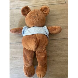 Doudou peluche ours jacadi t shirt bleu marron miel Bear bar