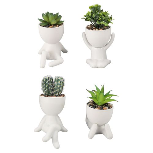 Pot de jardinière succulente artificielle, 4 pièces, en forme humaine, mignonne, en céramique et en plastique, permettant d'économiser du travail, fausses plantes succulentes avec Pots pour la décoration