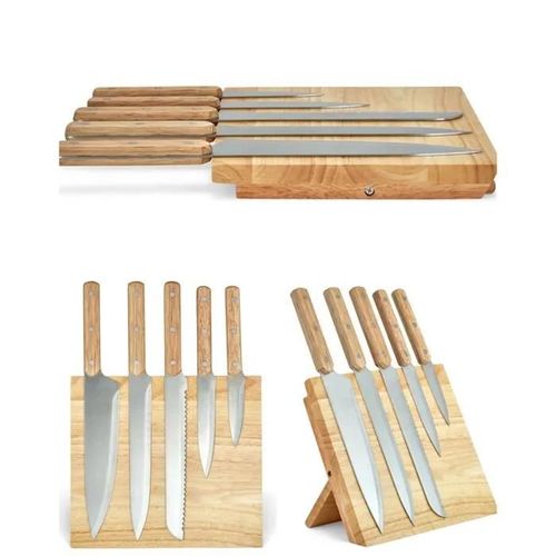 Set de 5 couteaux et support en hévéa magnétique