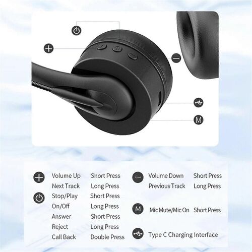 -Casque T490 BT V5.3 avec micro -Casque HiFi sans fil monté Casque d'appel mains libres pour appel C