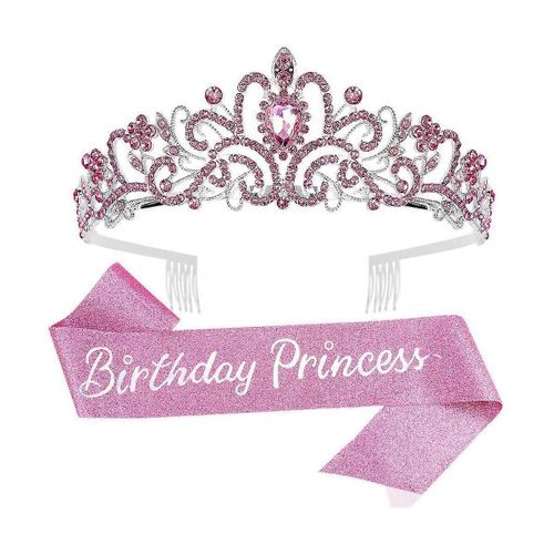 Couronne De Princesse Pour Fille Avec Ceinture D'anniversaire, Fournitures De Fête Pour Femmes, Rose