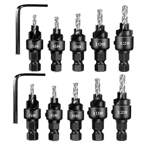 Lot de 2 jeux de 5 forets fraisés à poignée hexagonale en acier, ouvre-trou conique pour bois, foret intégré