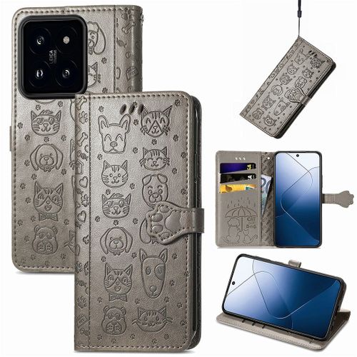 Saturcase Coque Pour Xiaomi 14 Pro, Chien Et Chat Mignon Pu Cuir Magnétique Flip Portefeuille Support Porte-Carte Protecteur Housse Étui Avec Dragonne Pour Xiaomi 14 Pro (Gris)