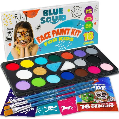 KALANKA-Palette Maquillage Enfants, 18 Couleurs Kit Maquillage Enfant, Lavable Peinture Visage Enfant, Avec 3 Pinceaux, 24 Pochoir, Maquillage Enfants Carnaval Halloween Cosplay Fête D'anniversaire