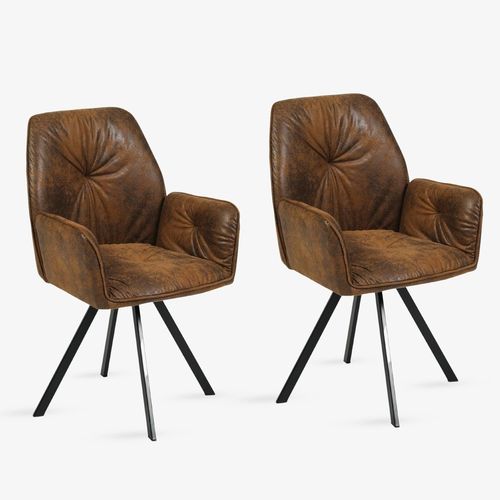 Lot De 2 Chaises Salle À Manger Pivotant Sur 360° Vintage Fauteuil Avec Dossier Et Accoudoirs Pour Salon Cuisine Bureau, Siège Rembourré En Suédine Pieds En Métal, Marron, 60x62x87.5cm