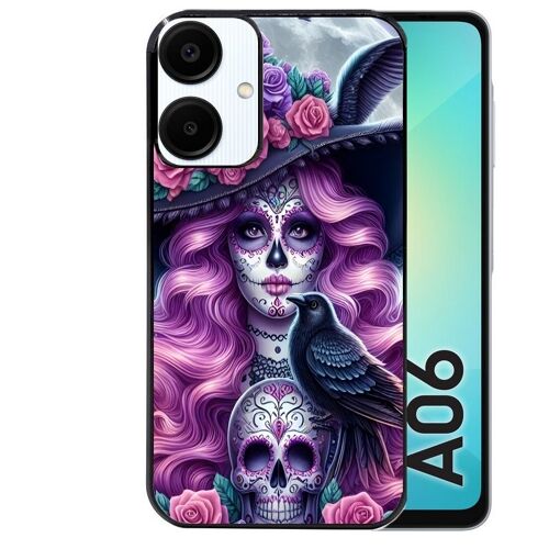 Coque Noire Pour Galaxy A06 4g Motif Tete De Mort Calavera Et Corbeau