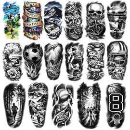 Kalanka-77 Feuilles De Tatouages Temporaires Pour Adultes Et Enfants - Faux Tatouages Imperméables - 17 Grands Et 60 Petits Autocollants Noirs - Sportif Football Basket-Ball Bowling