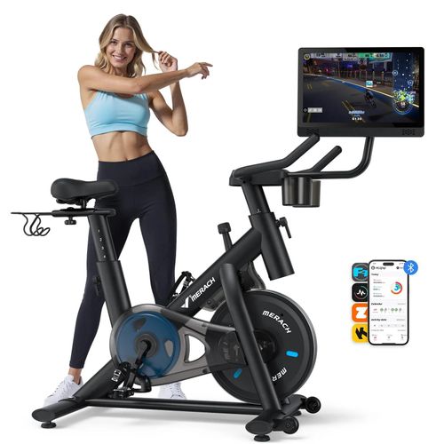 Vélo Magnétique Merach, Roue D’Inertie 6kg, 8 Niveaux, Bluetooth, Écran Hd 15,6″, Silencieux, Support Haltères, Fitness À Domicile