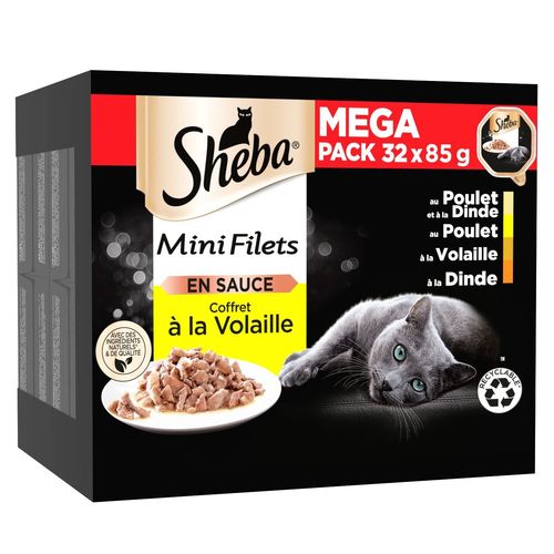 Sheba Mini Filets En Sauce Sélection À La Volaille Barquettes Pour Chat Adulte 4 Variétés Mega Pack 32x85g