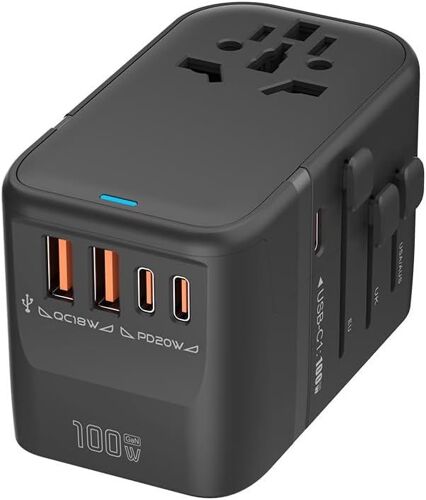 Ulteronixshop-100W GaN Universal Travel Adapter International Power Adapter, 5 USB (3 USB C) Charging Ports European Travel Plug Adapter Worldwide for US to Europe UK, EU, AU (Type C/G/A/I) Outlet Wa
