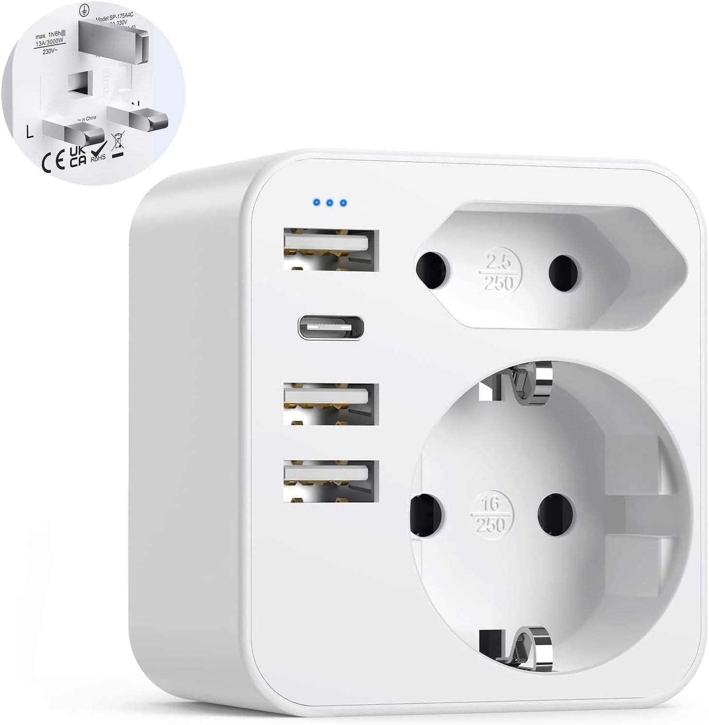 VINTAR 1PC Adaptateur Prise Anglaise UK Angleterre France Adaptateur De Voyage Avec 3 Usb Et 1 Type C Europe Francaise Fr 2 Broches Vers Gb 3 Broches Pour Royaumeuni Irlande Bretagne Ecosse Type G