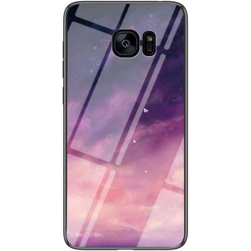SJZG-Coque Pour Samsung Galaxy S7 Edge [Avec Film De Protection Écran],Coque Avec Revêtement Arrière En Verre Trempé Avec Motif Ciel Étoilé+ Tpu Silicone Souple Case Cover (Ciel Étoilé Violet)