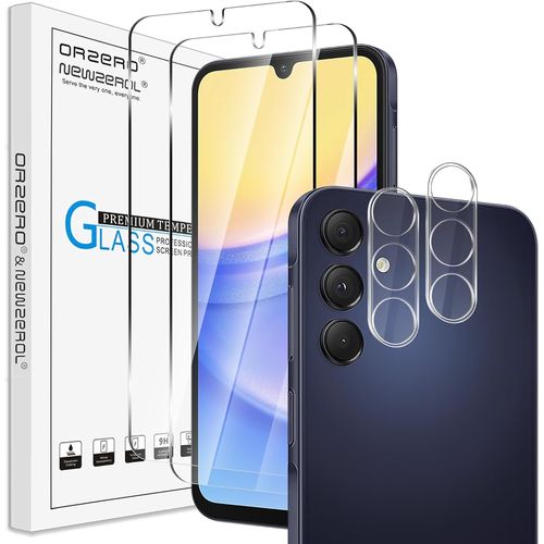 SJZG-Newzerol 4 Pièce Verre Trempé Compatible Pour Samsung Galaxy A15 5G, 2 Pièces Protection D'Écran + 2 Pièces Protection D'Appareil Photo, Film De Protection Anti-Rayures Haute Définition Sans Bul