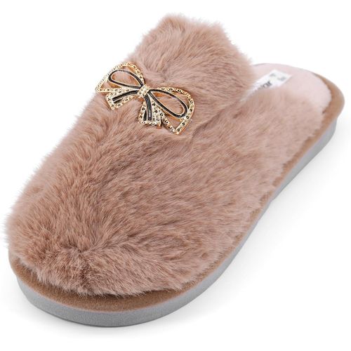 Maas-Chaussons Femmes Peluche Avec N?ud En Strass Pantoufles D'hiver Chauds Et Confortables Antidérapants Et Légers