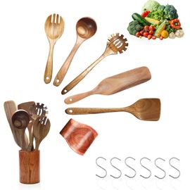 Cfrx-Ustensiles En Bois - Ustensiles De Cuisine En Bois Avec Support Et Repose Cuillère - Cuillères Et Spatule Pour La Cuisine