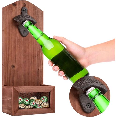 Ouvre-Bouteilles Mural En Bois,Decapsuleur Mural Biere Avec Cap Catcher, Style Vintage,Multifonction Bouteille Ouvre Pour Bar Maison Terrasse, Cadeau Homme Original Pour Papa, Ami Et Collèguecable Us