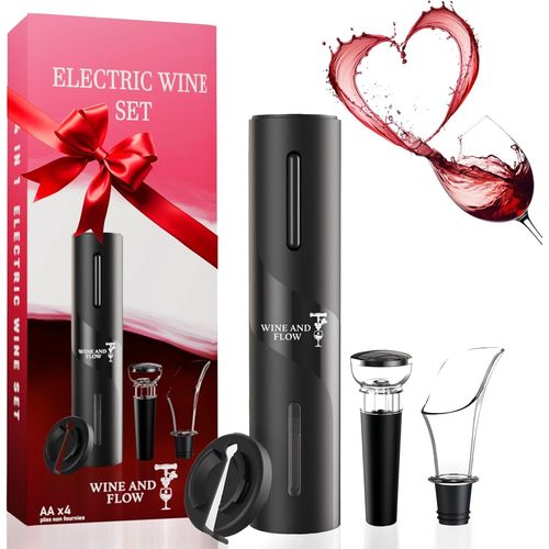TIANYI-Tire Bouchon Electrique à piles 4 en 1 Wine and Flow ¿ Idee cadeau amateur ou professionnel du vin ¿ Ouvre Bouteille Electrique avec coupe capsule, aérateur et pompe à vide inclus