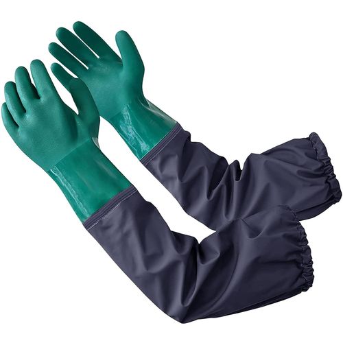 Kalanka-1 Paire Gants De Ménage En Caoutchouc 64 Cm Gants De Bassin Etanches Manches Longues Gants De Travail Protection Chimique Nettoyage Aquarium Homme Femme, Vert & Bleu (Large)