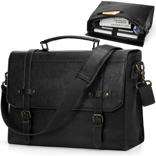 KALANKA-Sacoche Ordinateur Homme 17.3 Pouces Cuir PU Mallette PC Tablette Cartable Imperméable Sac à Bandoulière pour Travail Affaires Collège Cours Noir