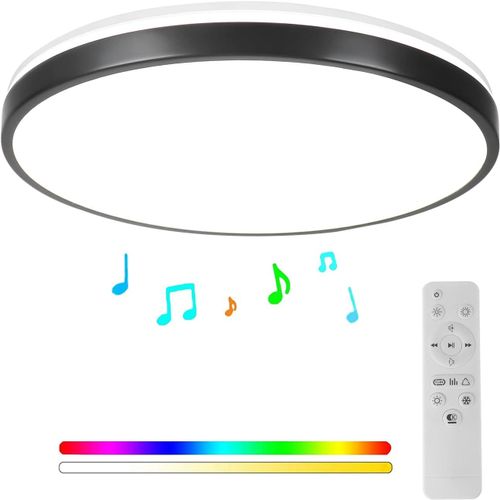 Plafonnier Bluetooth 24w Avec Haut-Parleur 30cm,Plafonnier Led Musique Et Télécommande,Changement De Couleur Dimmable Pour La Salle De Bain De La Chambre Denfants (Noir)