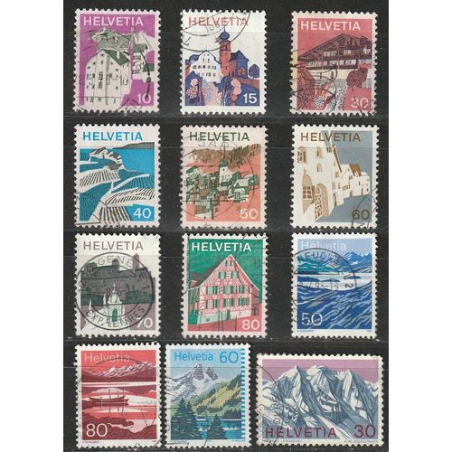 Série De 12 Timbres Oblitérés Suisse Paysages 1970 N° 870, 1973 N° 934 935 937 À 942, 1991 N° 1387 1388, 1993 N° 1418