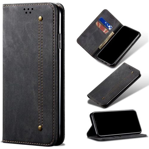 Compatible Avec Etui Iphone 6 Plus, Flip Jeans Portefeuille Housse Avec Fente Carte, Magnétique Stand+Protecteur D'écran En Verre Trempé*2-Noir