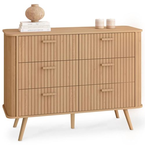 Commode 6 Tiroirs Romie 110 Cm Lattes Tasseau Bois Coloris Chêne