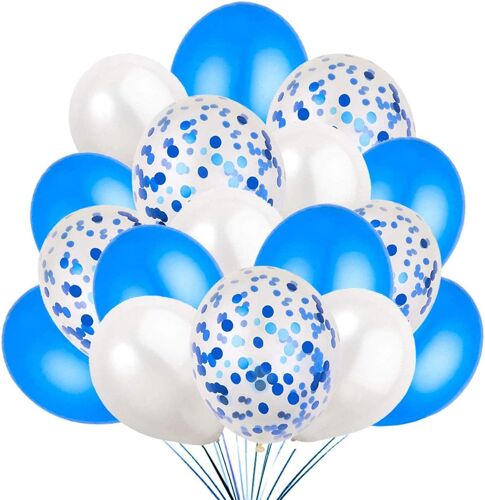 SJZG-50 Ballons Bleu Blanc Confettis. 40 Ballons De Baudruche Bleu Et Blanc +10 Ballons Latex Transparent Avec Confettis Pour Deco Anniversaire, Fête Mariage Et Decoration Baby Shower