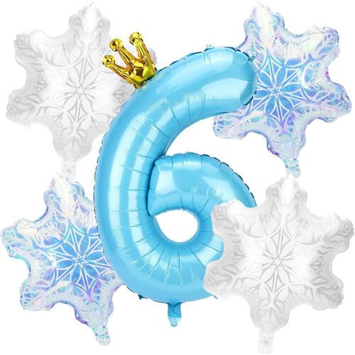 SJZG-5Pcs Décorations Ballons Fête D'Anniversaire Neige, Ballons Bleus Numérotés Et 4Pcs Flocons Neige Décorations Cadeaux Fêtes D'Anniversaire Princesse Pays Merveilles Hivernales(Numéro 6)