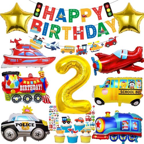 SJZG-Décoration De Voiture 2E Anniversaire Garçon \U2013 Two Fast Décoration D'Anniversaire Bateau Avion Train Bus Scolaire Voiture De Police Ballon Transport Voiture De Transport Décoration De Gâtea