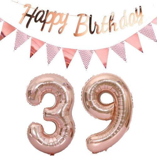 SJZG-Ballons 39E Anniversaire Deco Femme Or Rose+Guirlande Joyeux Anniversaire +Chaîne De Fanions 40 "Chiffres Ballon 39 Ballons 39 Ans Deco Anniversaire Femme 39 Anniversaire Deco Or Rose(39)