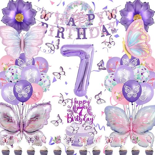 SJZG-Decoration Anniversaire Papillon Fille 7 Ans, 66 Décoration Violet, Déco Fête 4 Xxl Helium Ballons, Kit Fete Cadeau Ballons Guirlande, Gateau Fille (Anniversaire Papillon 7 Ans)