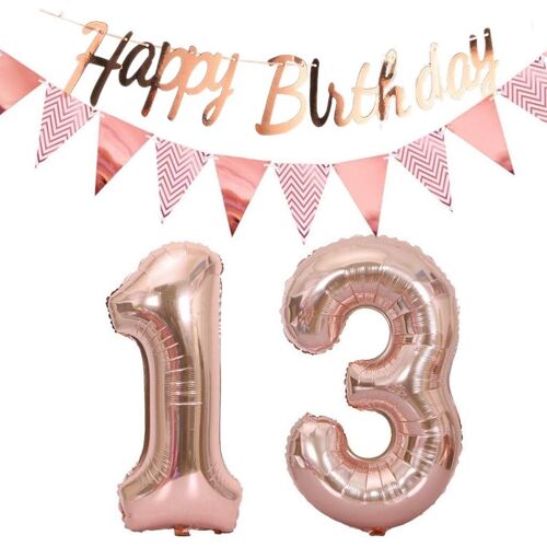 SJZG-Ballons 13E Anniversaire Deco Or Rose - Guirlande Joyeux Anniversaire, Chaîne De Fanions 40 Chiffres, Set De 13 Pièces Pour Fille