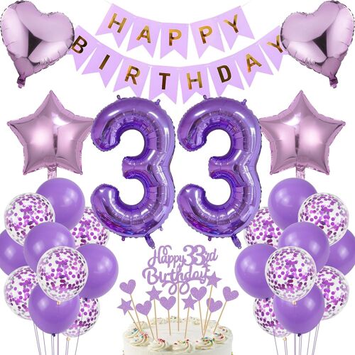 SJZG-Décoration D'Anniversaire 33 Ans Pour Homme Et Femme - Décoration De Gâteau Pour 33 Ans - Violet - 33 Ans - Ballon 33 Ans - 33 Ans - Décoration D'Anniversaire Pour Femme