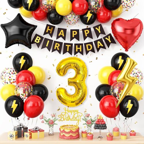 SJZG-Décorations De 3E Anniversaire Pour Garçons, Ballon En Forme De Chiffre 3 Avec Étoile Et Coeur En Aluminium, Bannière De Ballons Pour Fête D'Anniversaire De 3 Ans