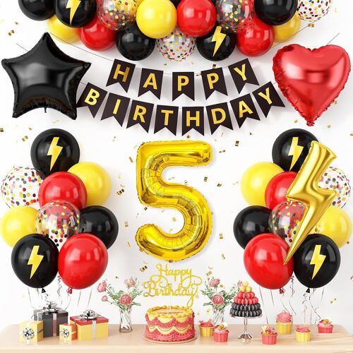 SJZG-Décorations De 5E Anniversaire Pour Garçons, Ballons Rouges Noirs Et Jaunes Pour Enfants - Bannière De Ballons Imprimés En Forme De Chiffre 5 - Décoration De Fête Pour Garçons Et Filles