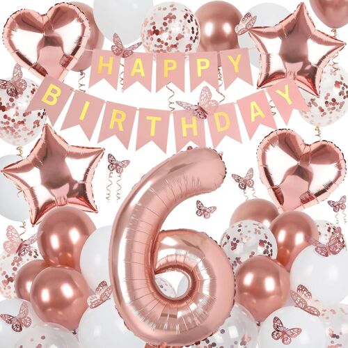 SJZG-Décoration Pour 6Ème Anniversaire Fille - Ballon Doré Rose - Guirlande Happy Birthday Et Papillons - Or Rose - 6 Ans - Décoration Pour Fille