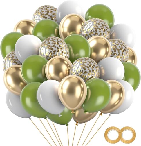 SJZG-Ballons Anniversaire Et Déco Mariage - Kit Complet Avec Ballons Vert Olive, Or Métallique, Blanc Et Pailleté Or - Décoration De Fête