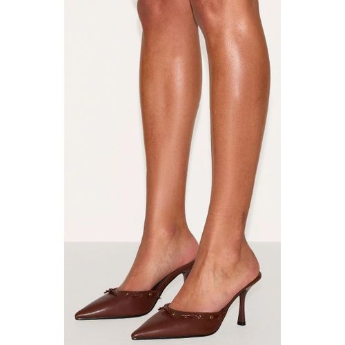 Mules Style Escarpins Pointues En Pu Chocolat Talon Aiguille Moyen Et Noeuds Chocolat