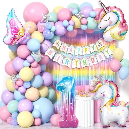SJZG-Decoration Anniversaire 1 An Fille, Unicorn Pastel Ballon Guirlande Avec Rideau Irisé & Ballons En Aluminium, Licorne Décoration Anniversaire Baby Shower Fille