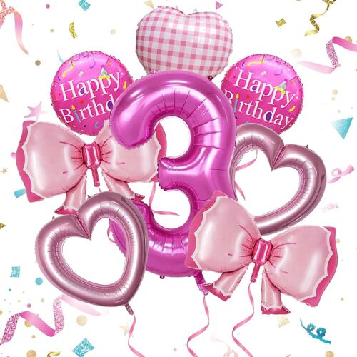 SJZG-8 Pièces Ballon Anniversaire 3 Ans Fille Decoration Anniversaire Fille Ballon Rose Fushia Noeud Ballons Coeur Rose Pour Fêtes D'Anniversaire, Fêtes Princesses, Baby Shower (3 Ans)