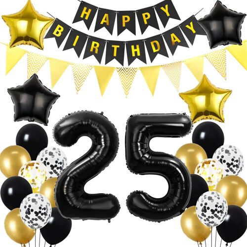 SJZG-Décoration 25E Anniversaire Noir Or Ballons Décoration Anniversaire 25 Ans Homme, Décoration 25E Anniversaire Femme,Ballons 25E Anniversaire Fête Décoration 25E Anniversaire Homme Femme