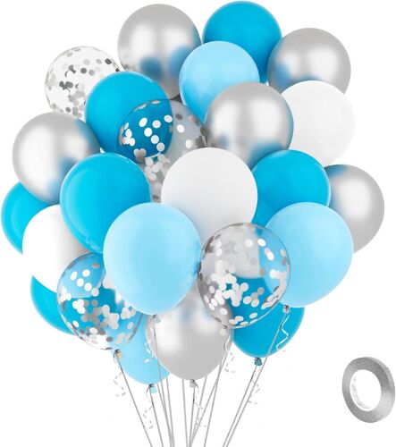 SJZG-Lot De 60 Ballons Bleus Blancs Argentés En Latex De 30 Cm - 1 Rouleau De Ballons En Latex - 1 Rouleau De Ruban Argenté - Pour Anniversaire, Baptême, Fête Prénatale - Décoration Pour Garçon