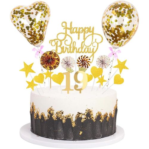 SJZG-Supplie Décoration De Gâteau D'Anniversaire Dorée En Acrylique À Paillettes Pour 19E Anniversaire Avec Confettis Ballons Éventails En Papier Étoiles, Feux D'Artifice, Décorations Pour Cupcakes