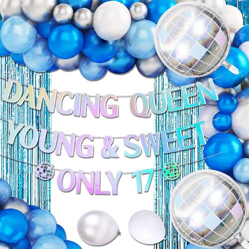 SJZG-Bleu Argenté Young And Sweet Only 17 Décoration D'Anniversaire Young And Sweet Only 17 Bannière Dancing Queen 17 Décoration Ballons Disco Bannière D'Anniversaire