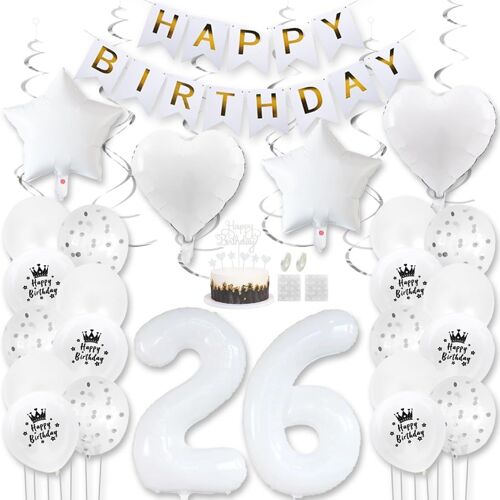 SJZG-Ballons Blancs Décoratifs D'Anniversaire Pour Femme Et Homme - Ballons Blancs - Décoration D'Anniversaire - Bannière Happy Birthday - 26 Ans - Décoration D'Anniversaire - Ballons À Confettis -