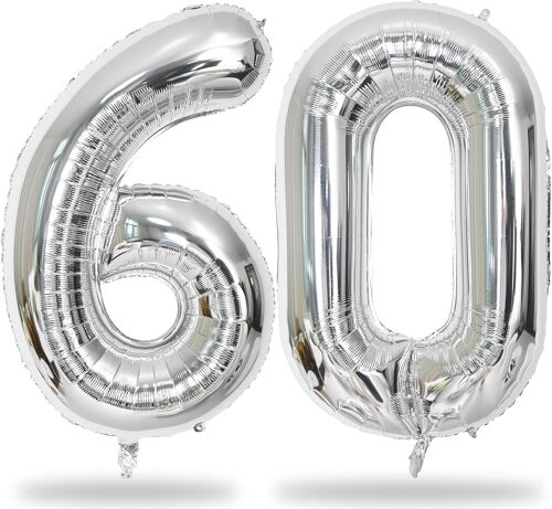SJZG-Ballon D'Anniversaire En Forme De Chiffre En Argent - Taille Xxl - Ballon En Aluminium En Forme De Chiffre De 100 Cm - Décoration D'Anniversaire Pour Homme - 60E Anniversaire Femme - Vole À L'Hé