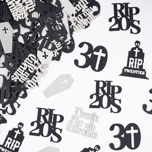 SJZG-Lot De 150 Décorations D'Anniversaire 30 Ans Pour Femme Et Homme - 30 Décorations D'Anniversaire Rip 20S Confettis Paillettes Décoration De Table Noir Argenté Death To My Twenties Décoration À