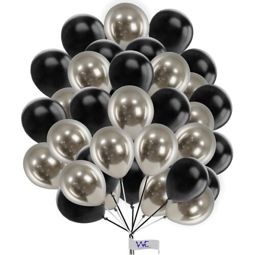 SJZG-Lot De 25 Ballons Ronds Unis En Latex Pour Décoration D'Anniversaire, Fête Prénatale, Fiançailles, Mariage - 30,5 Cm - Noir Et Argenté