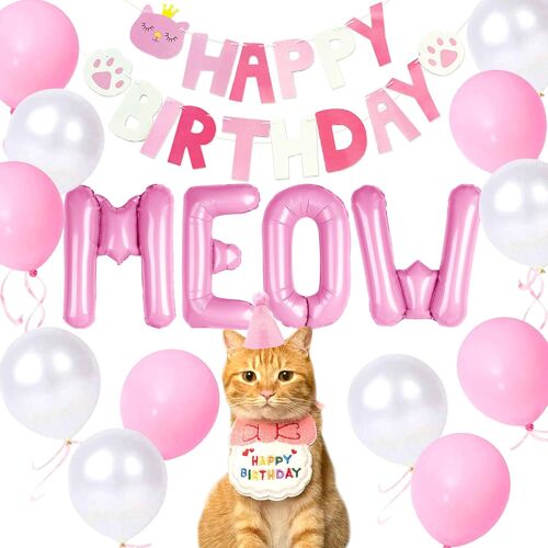 SJZG-Accessoire Fête Anniversaire Chat Fille Guirlande Ballons Chapeau Chiffre Bandana Rose Miaulements Ballons Chaton Décoration